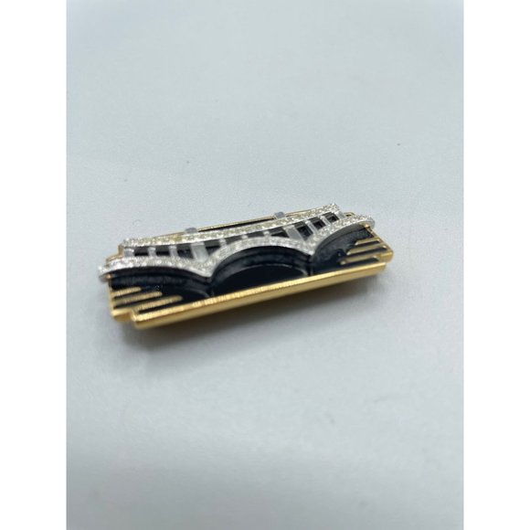 Vintage Signed MONET Pin Brooch Art Deco Inspired Black Enamel Over Gold Tone - Picture 5 of 14